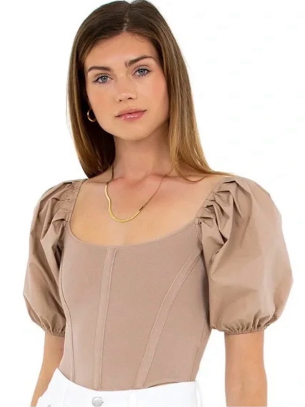 ASTR the Label Taupe Puff Sleeve Square Neck Cottagecore Corset Top M $75